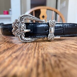 Chic Black Leather Belt with Intricate Silver Buckle
